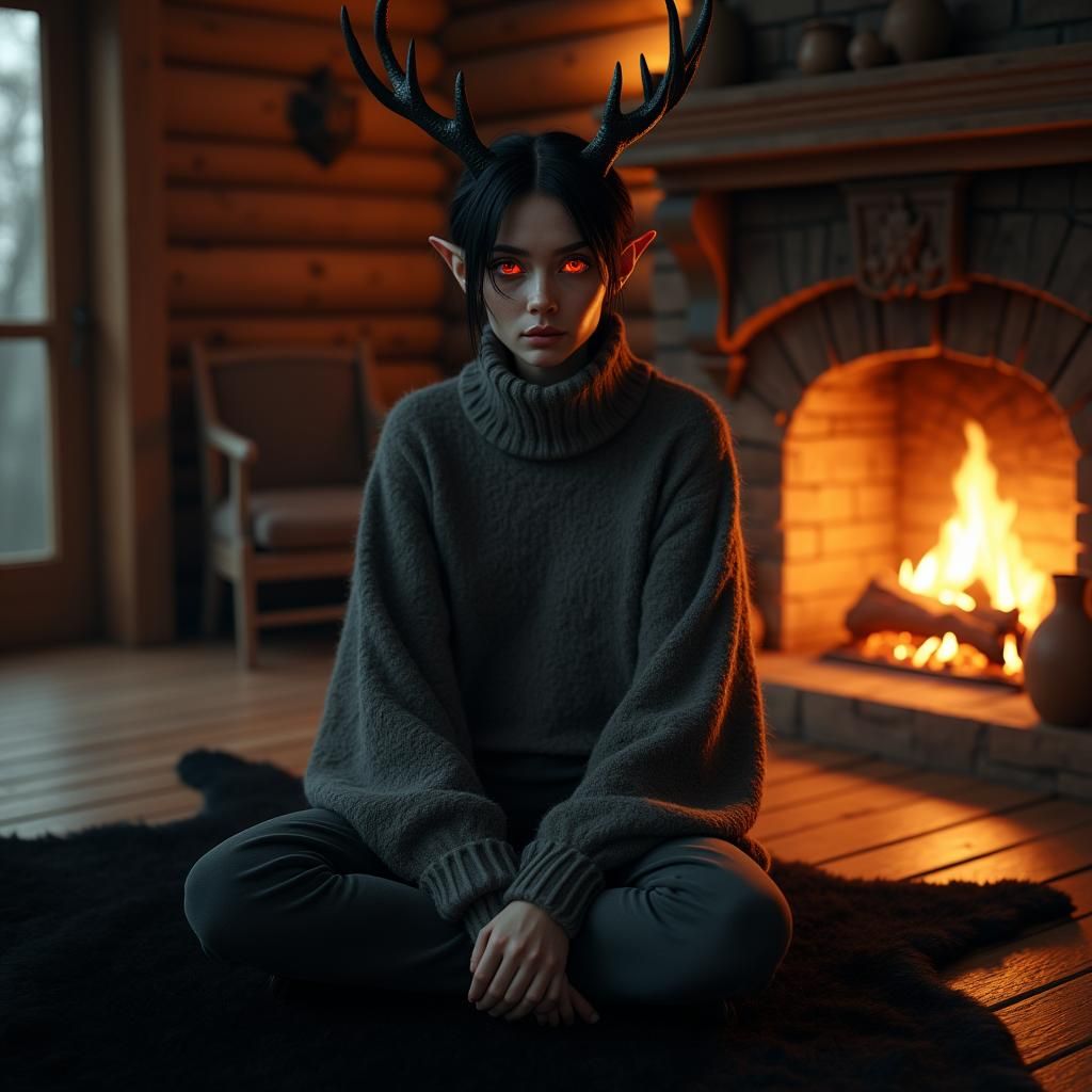 Elf with Deer Antlers in Cozy Cabin, Digital Art