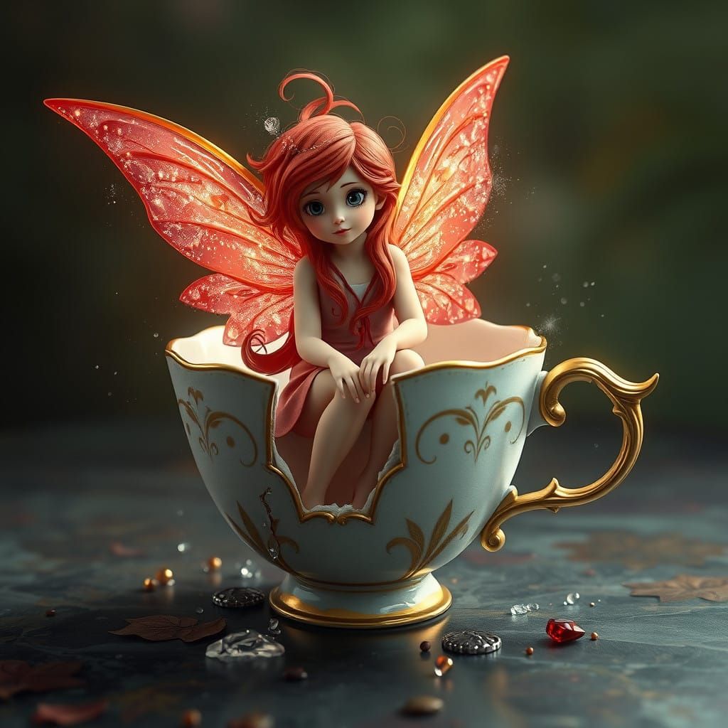 Whimsical Fairy in a Chipped Teacup
