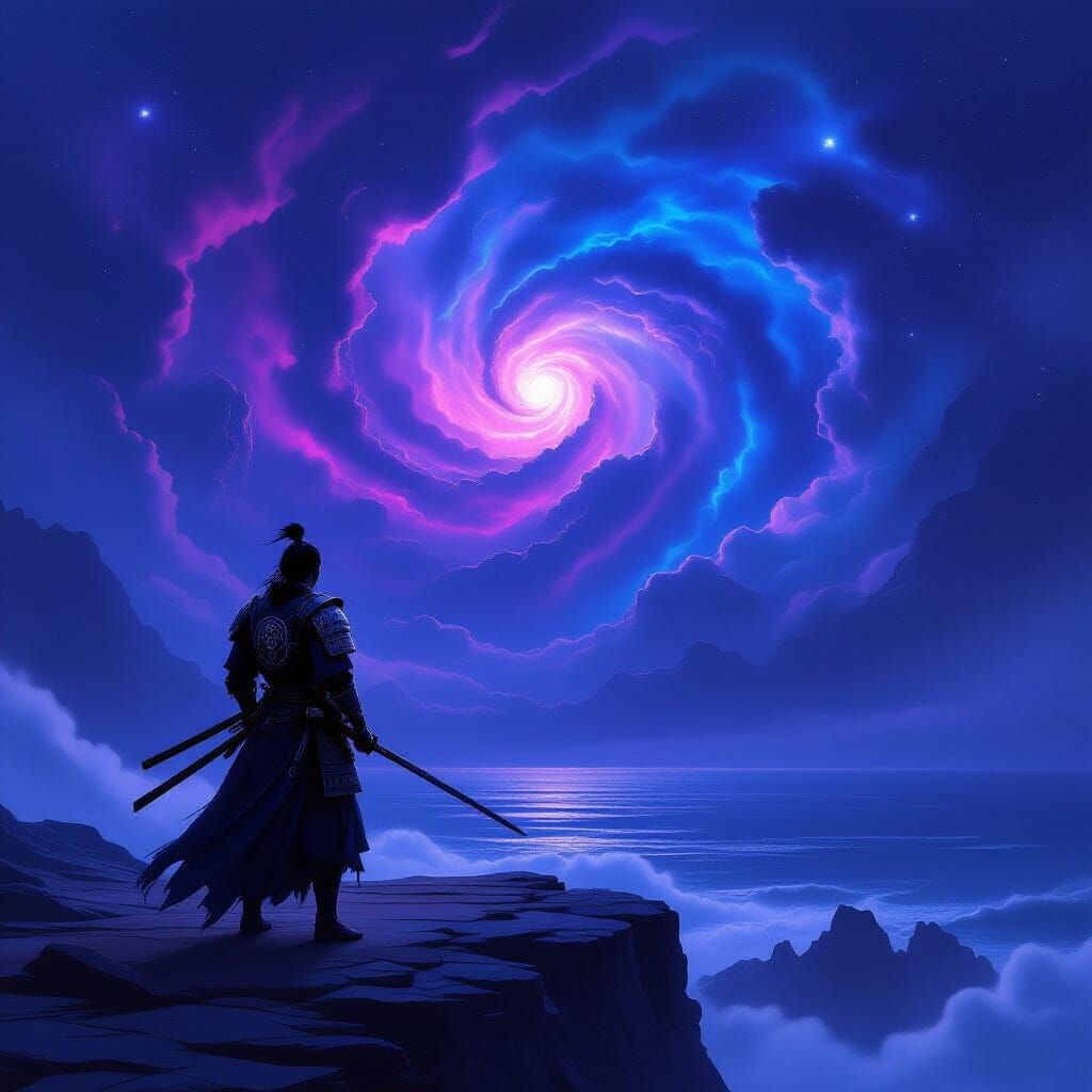 Samurai Warrior Overlooking Cosmic Ocean in Rembrandt Style