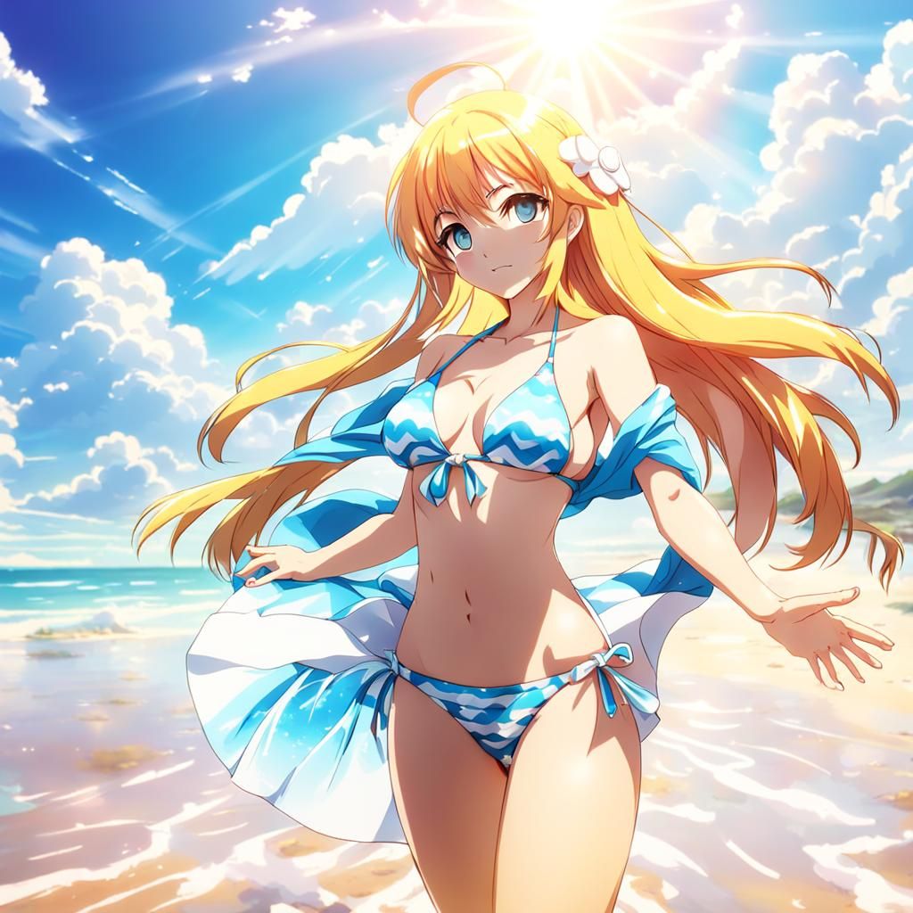 Anime Woman in Bikini on Beach in Soft Focus