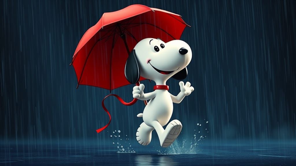 Snoopy Joyfully Runs in the Rain as 3D Digital Art