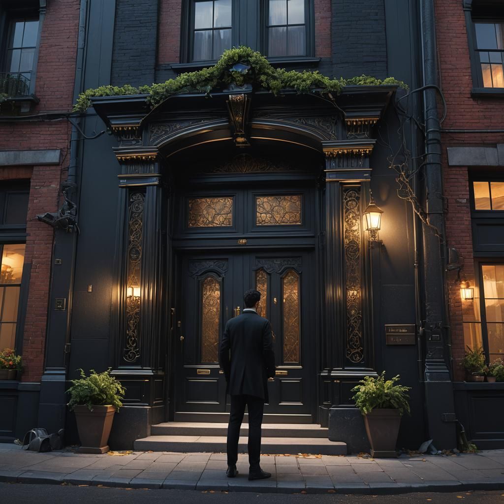 Townhouse Night Scene: Dark-Haired Man in Cityscape