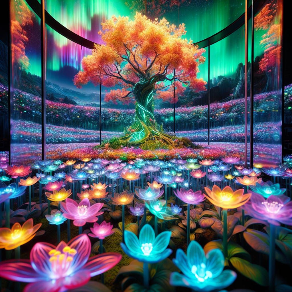 Fluorescent Flower Field in Glass Tree of Life