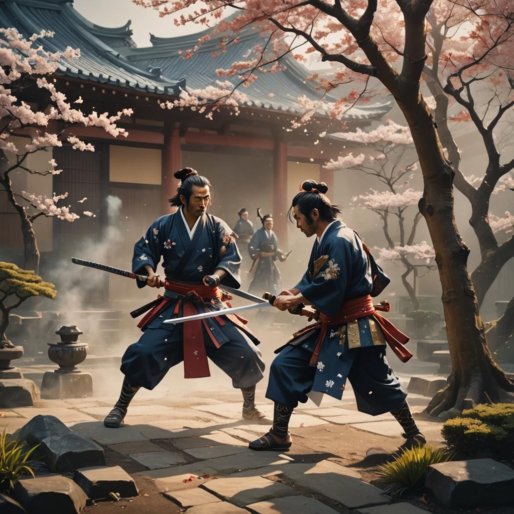 Samurai Duel in Misty Cherry Blossom Garden