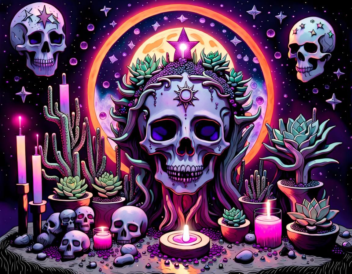 Goddess Altar with Neon Skull and Crystals