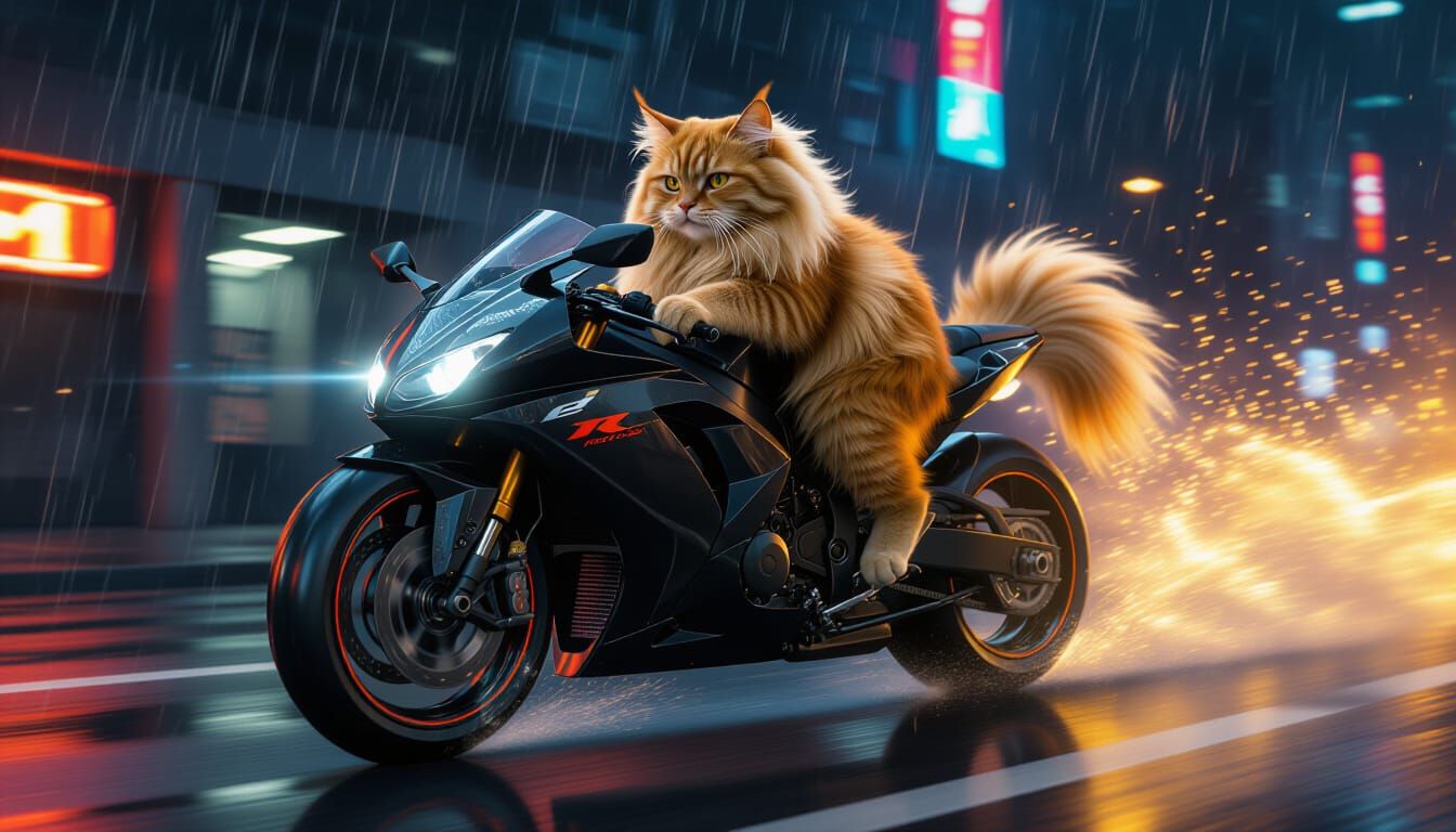 Fluffy Ginger Cat Races Motorcycle on Wet City Street