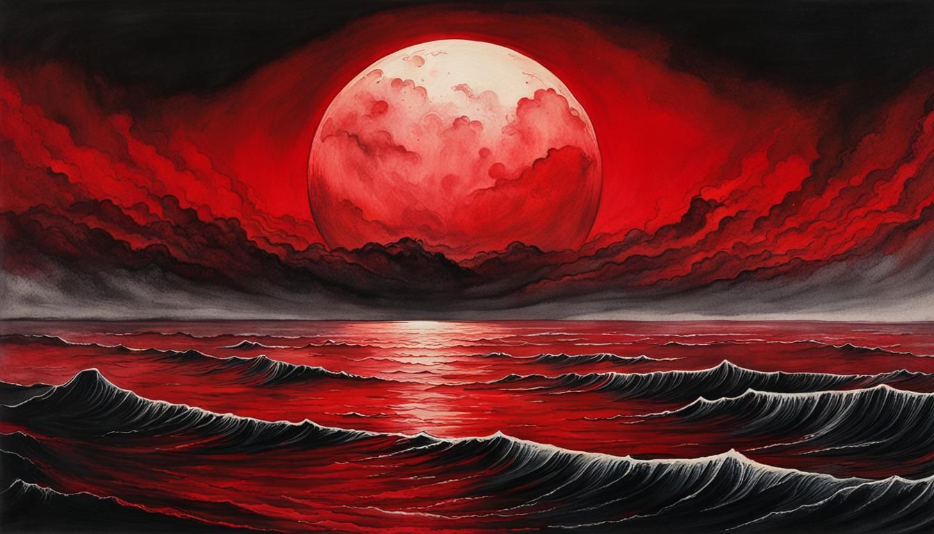 Sinister Crimson Moon Gleams in Dark Charcoal Art