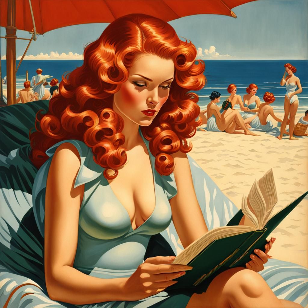 Redhead Reads on Beach: Photorealistic Pin-Up Art
