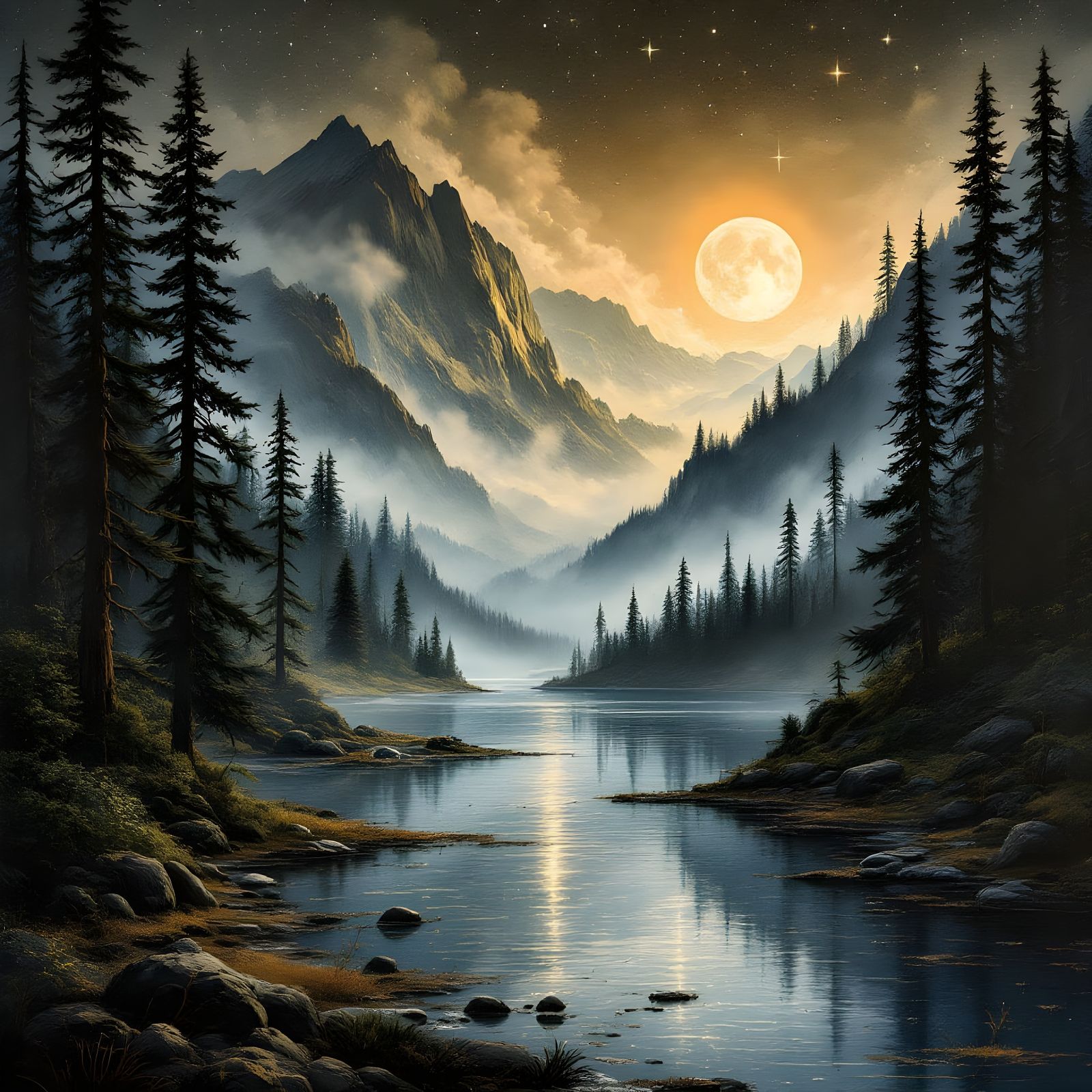 Twilight Lake: Ink Drawing with Moonlit Reflections