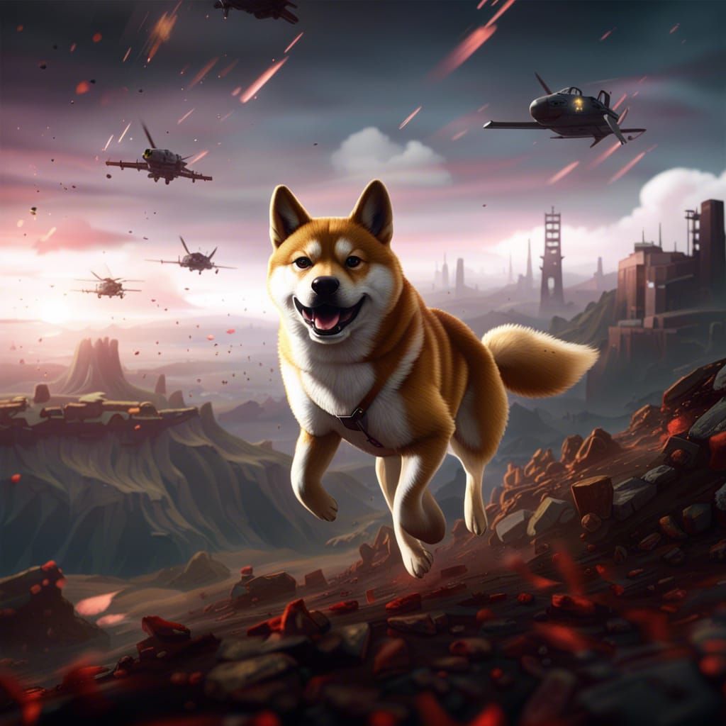 Shiba Inu Leaping in Propaganda Art Style