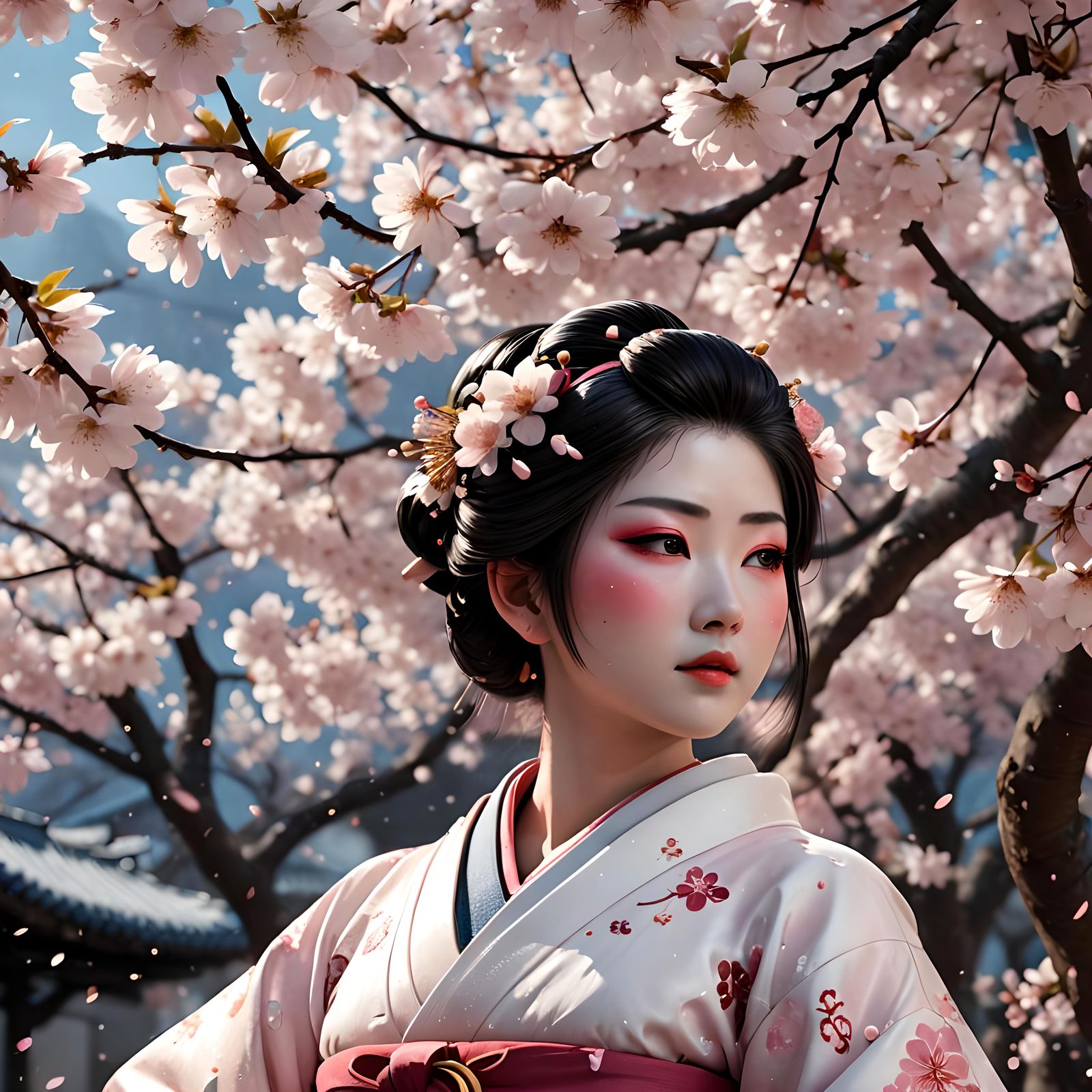 Geisha Surrounded by Cherry Blossoms in 3D Anime Art