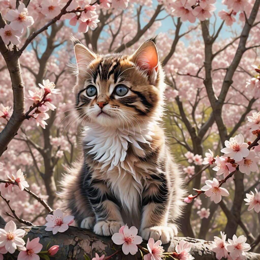 Tabby Kitten in Blossom Tree Forest, Hyper-Realistic Art