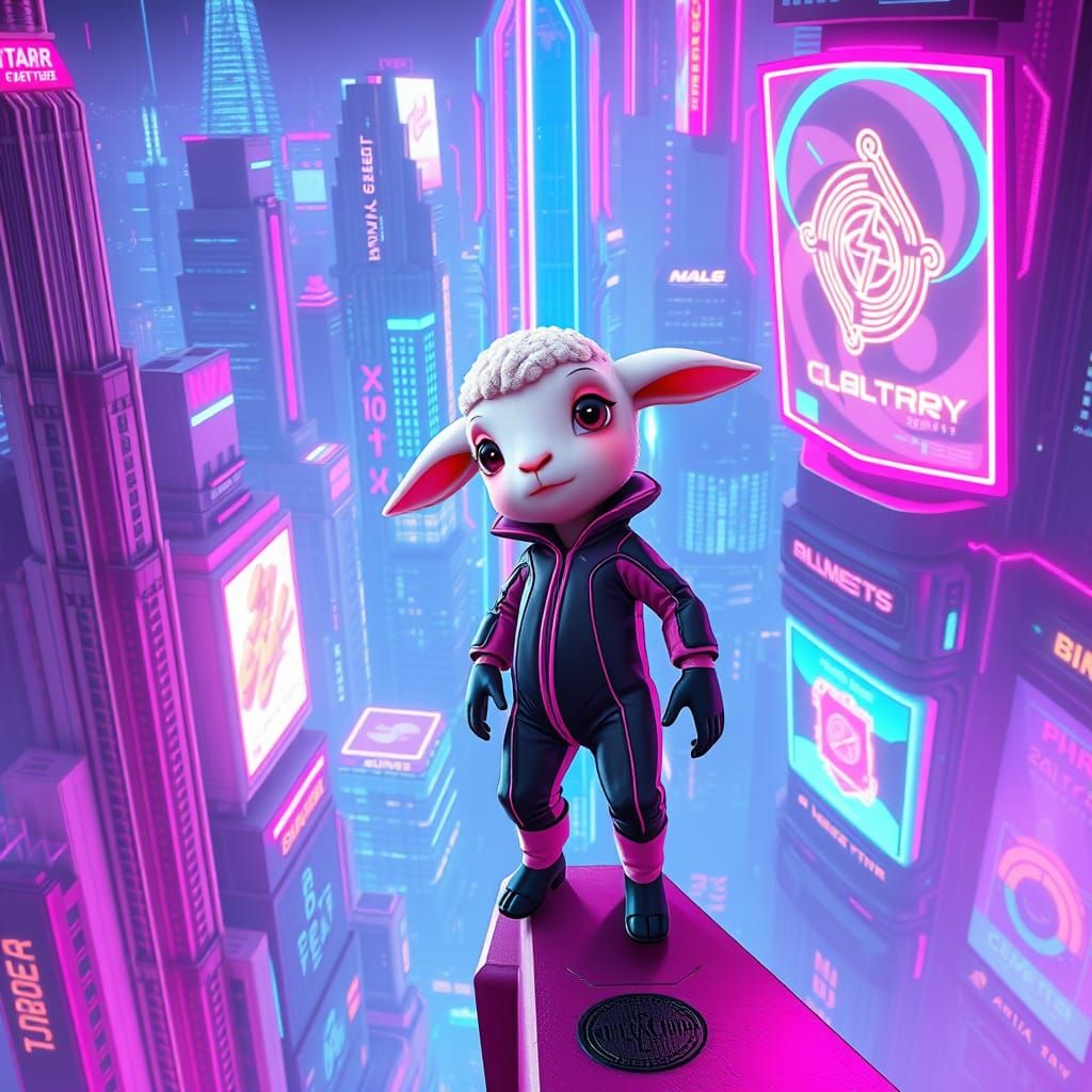 Cyberpunk Lamb on Futuristic Skyscraper