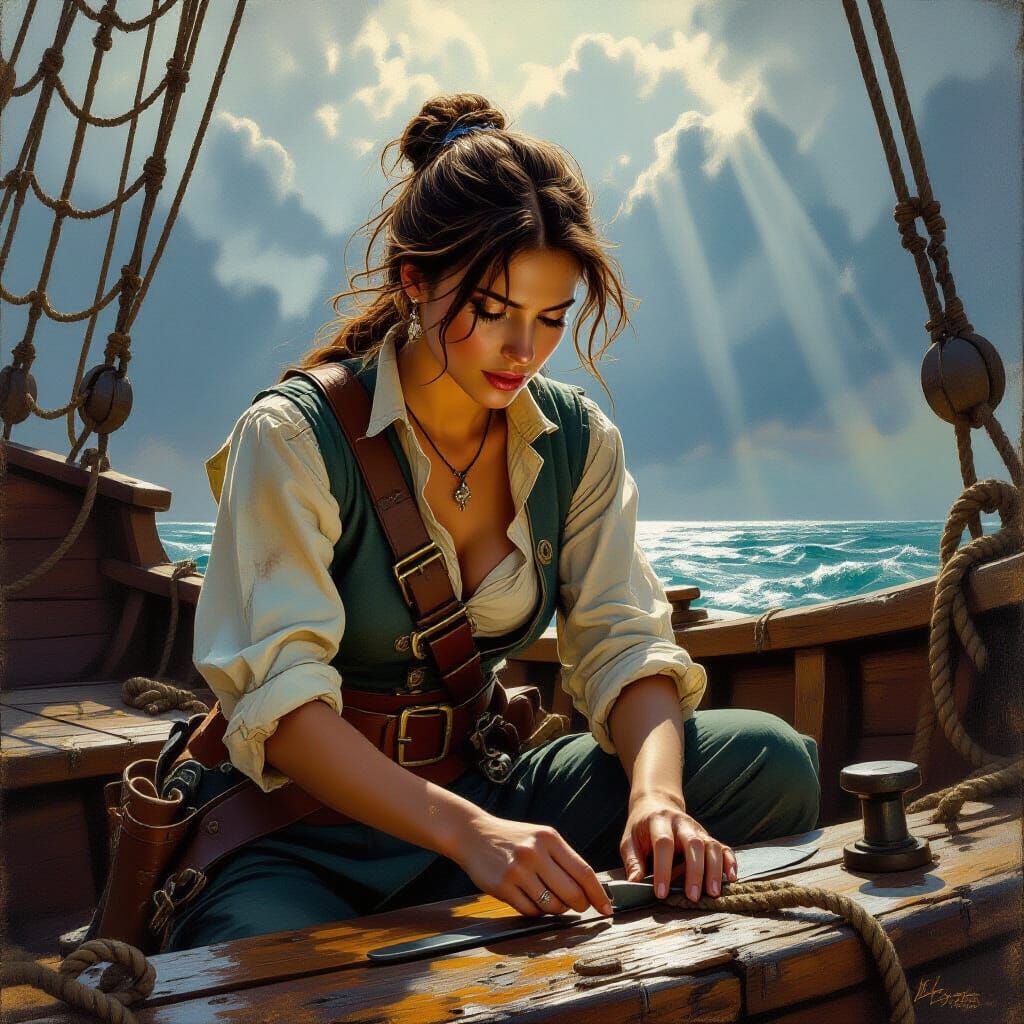 Determined Woman Works as Pirate on Ship Deck
