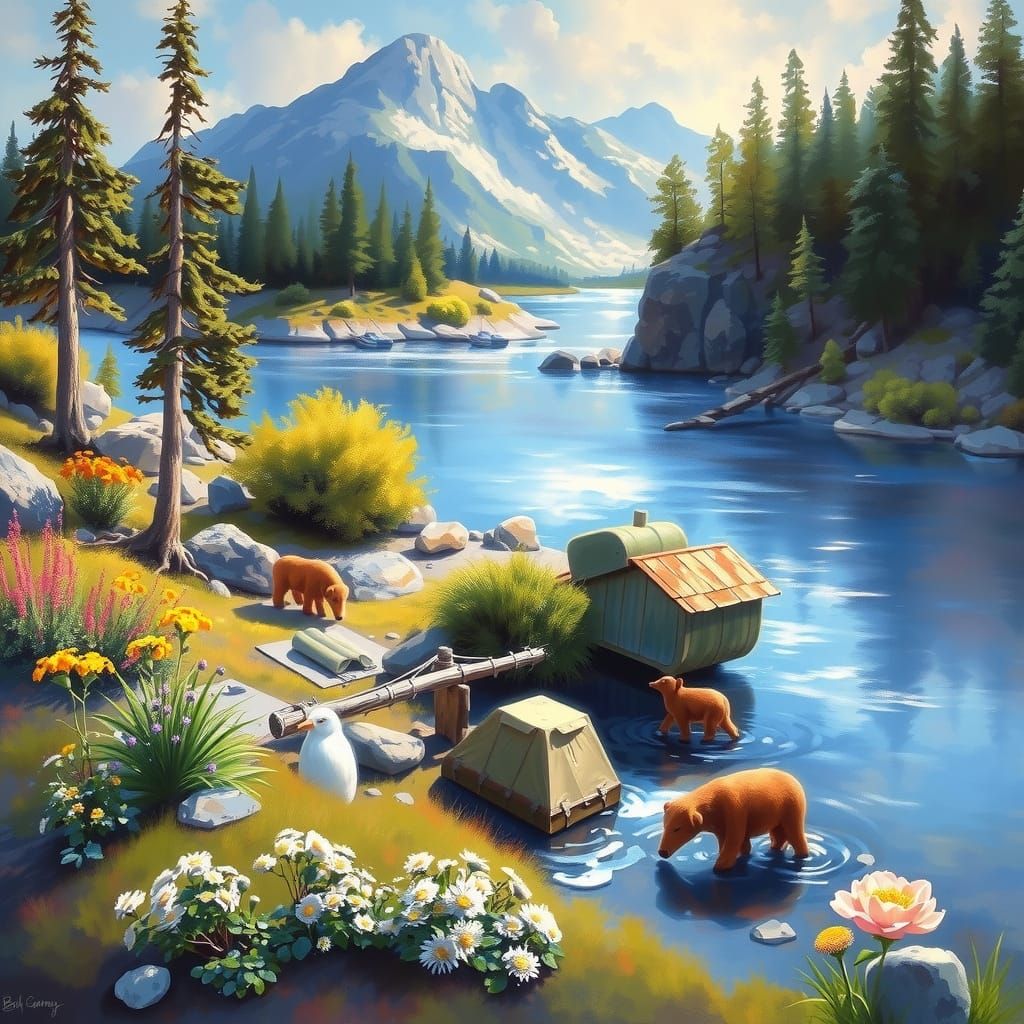 Serene Oil Painting of a Quaint Settlement