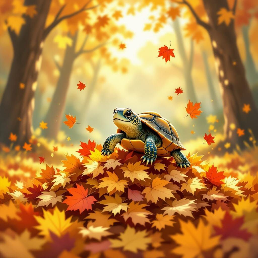 Cute Turtle Leaps Into Autumn Leaves
