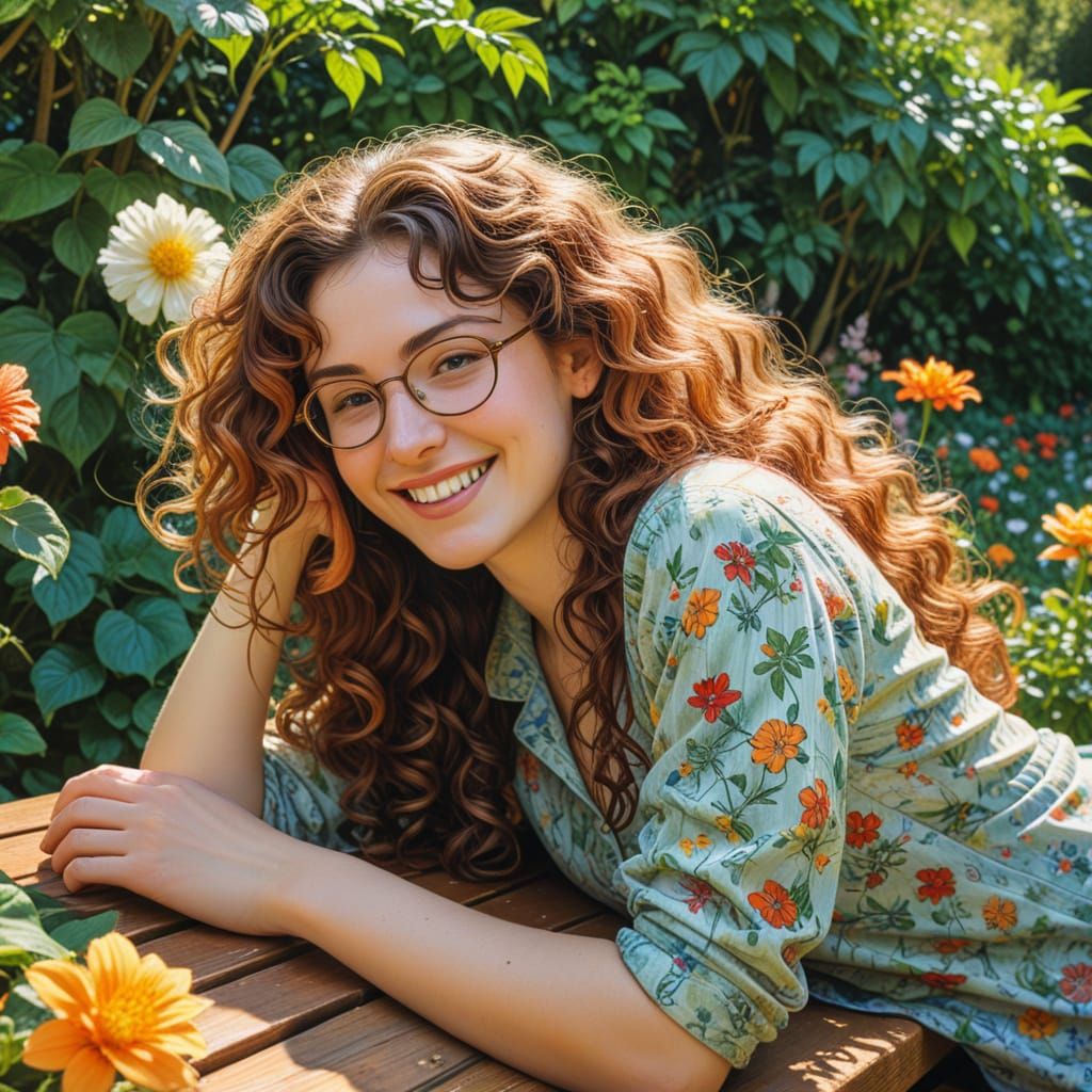 Woman Laughing in Garden, Manara-Style Pencil Drawing