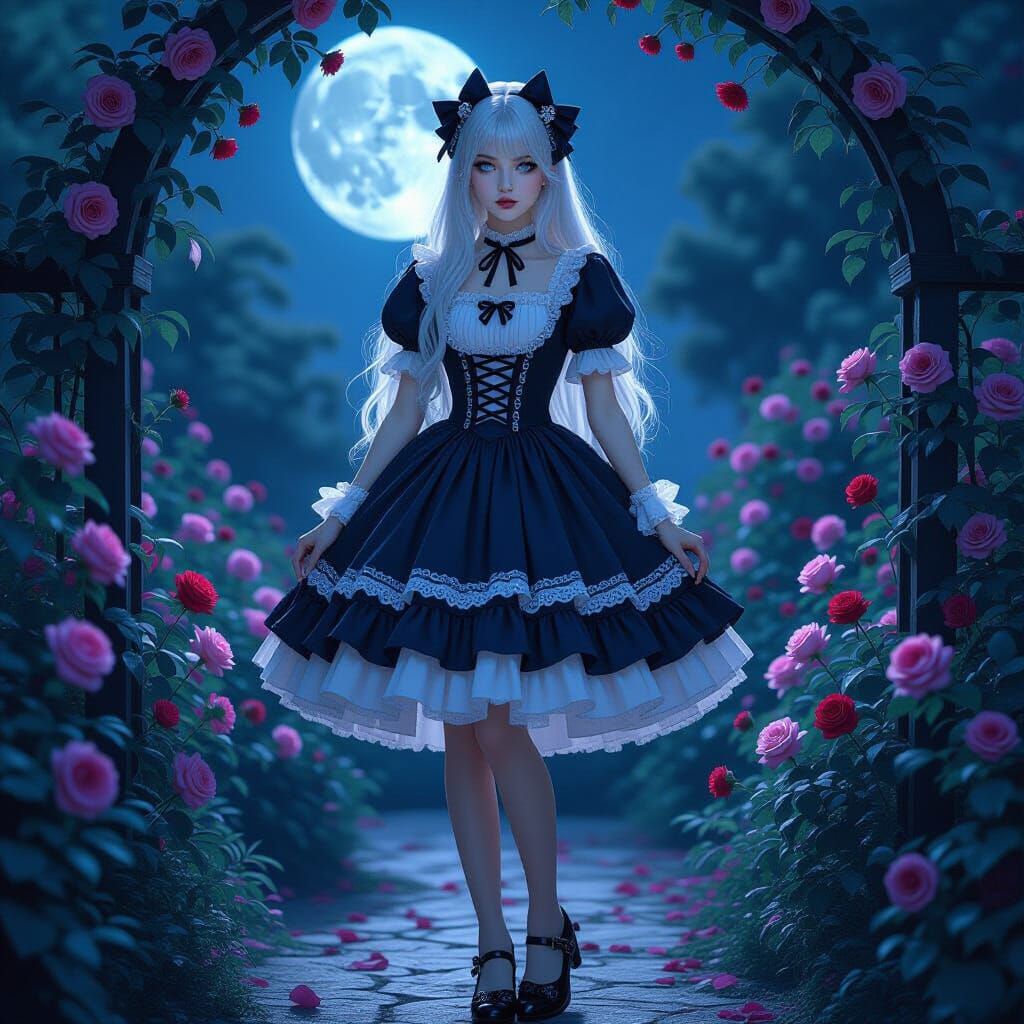 Gothic Lolita Woman in Moonlit Rose Garden