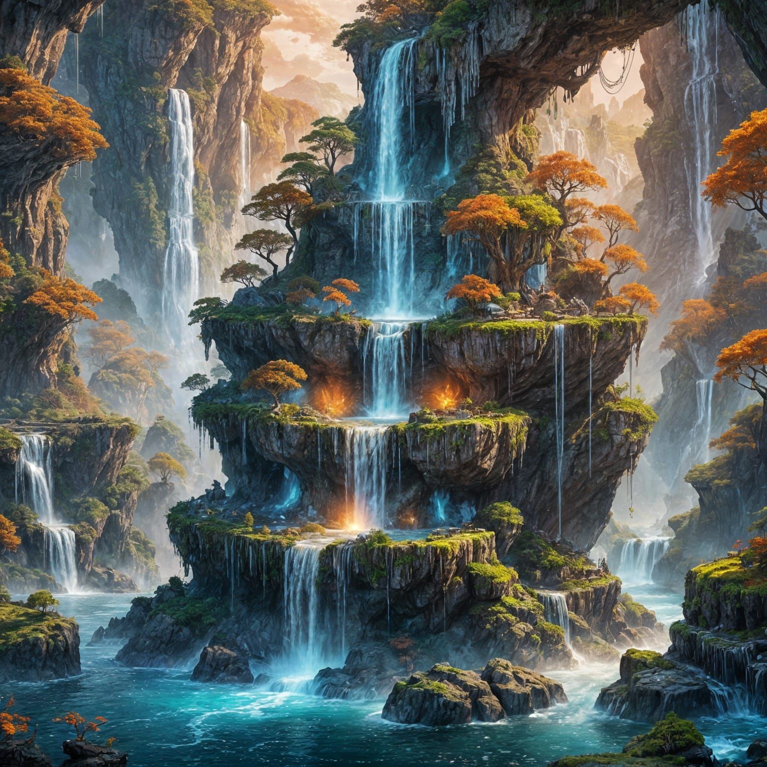 Floating Island with Waterfalls in Fantasy Concept Art
