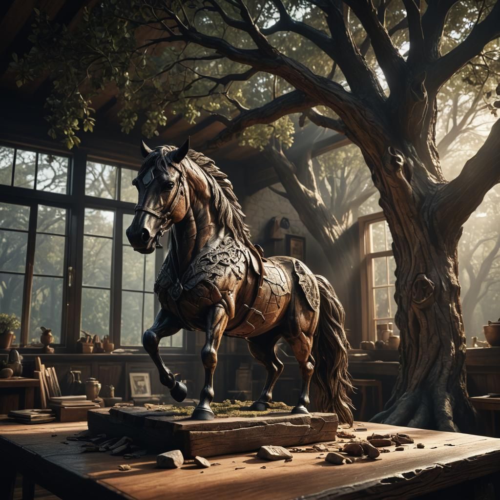 Horse Head with House-Tree Brain: Hyperrealistic Concept Art