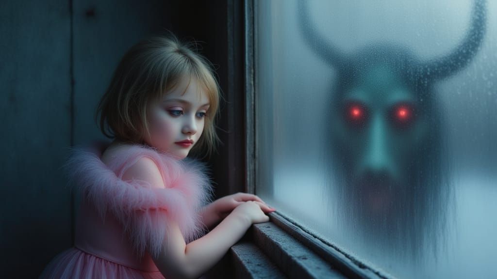 Girl Cries at Frosted Window, Krampus Reflection Visible