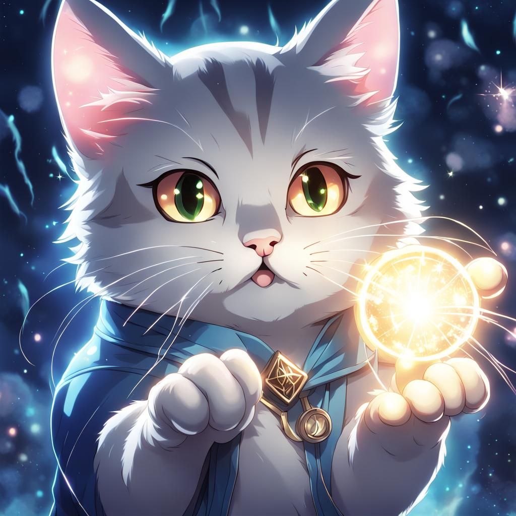 Magical Cat with Silver Glow in Anime Style