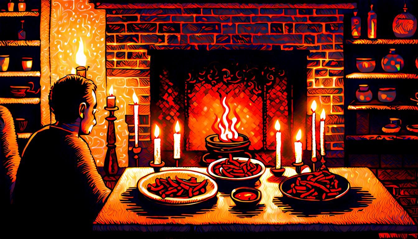 Cozy Candlelit Dining: Pointillism Still Life