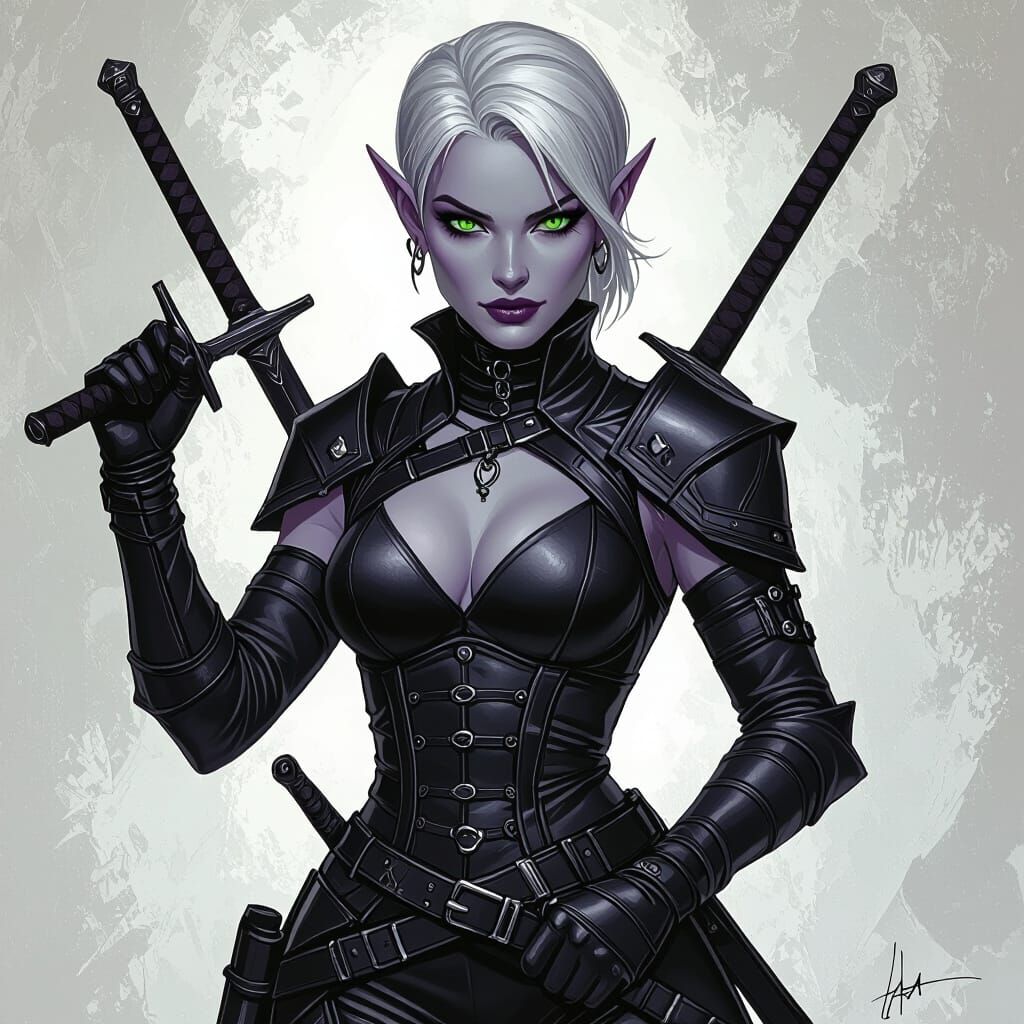 Drow Elf Rogue in Dark Fantasy Cyberpunk Style