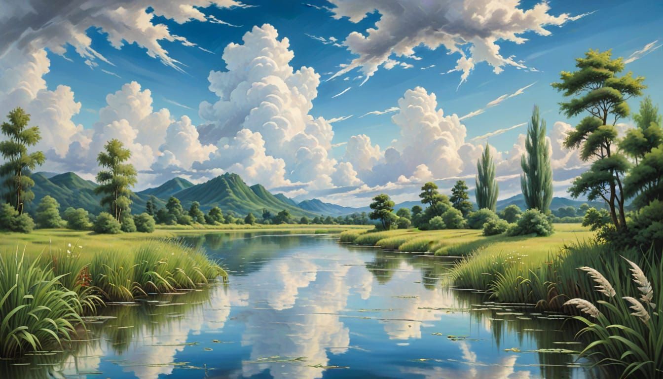 Whimsical Japanese Landscape in Oil Painting Style