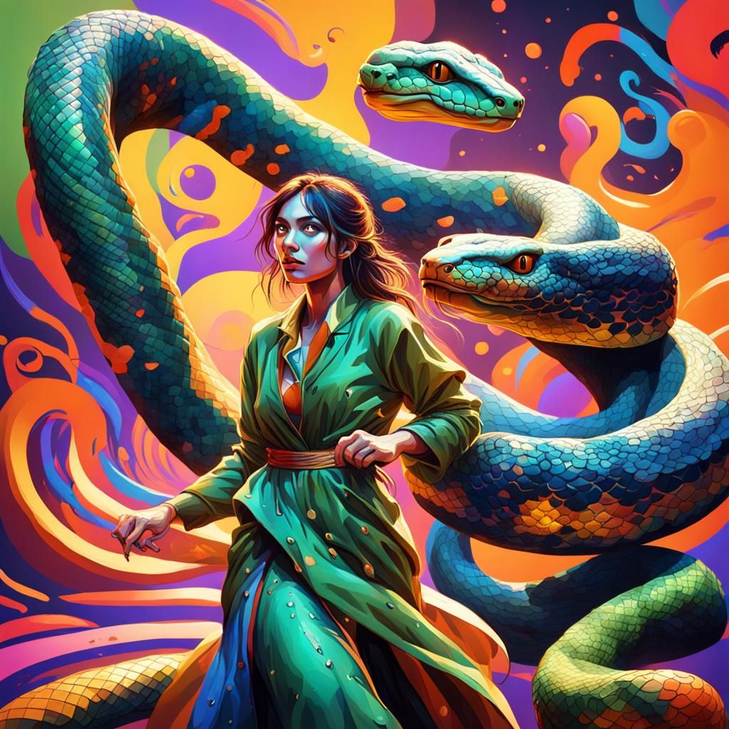 Hyperrealistic Snake Dances with a Girl: Splash Art