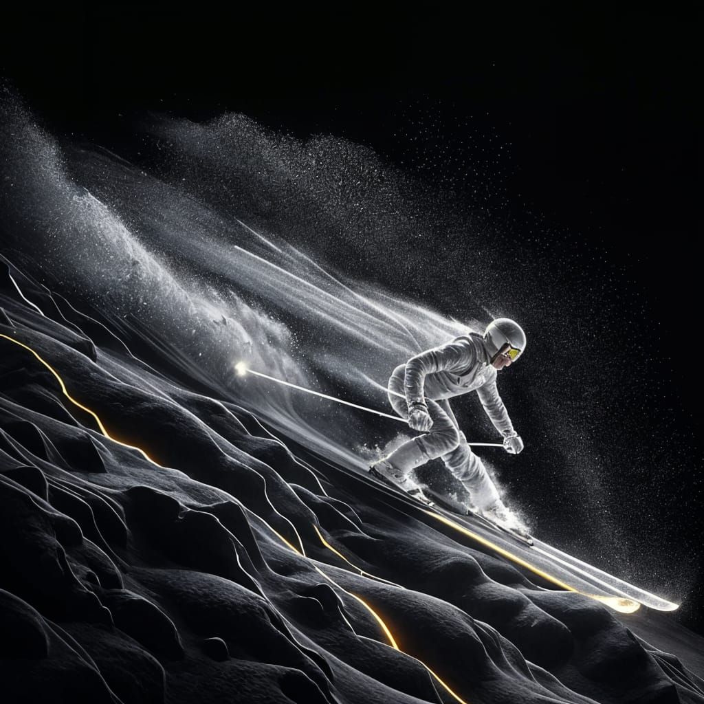 Illuminated Skier Descent on Black Background