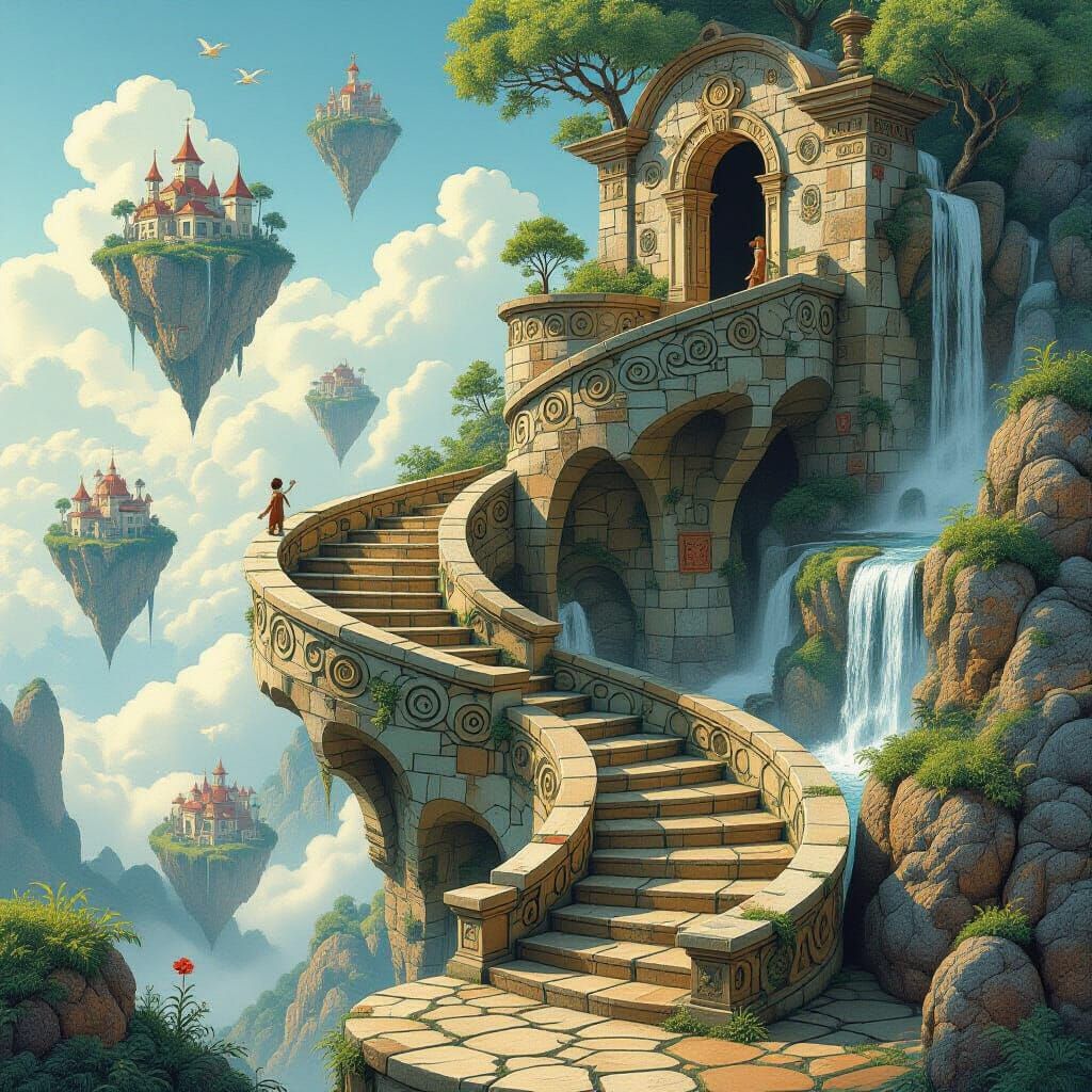 Surreal Staircases in Dreamlike Landscape