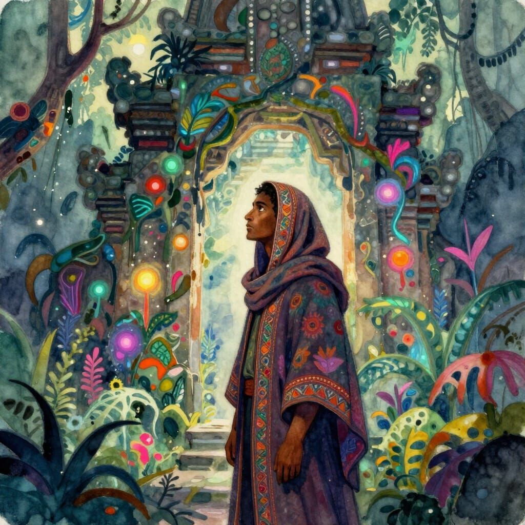 Mystical Man in Ancient Jungle Before Stone Structure