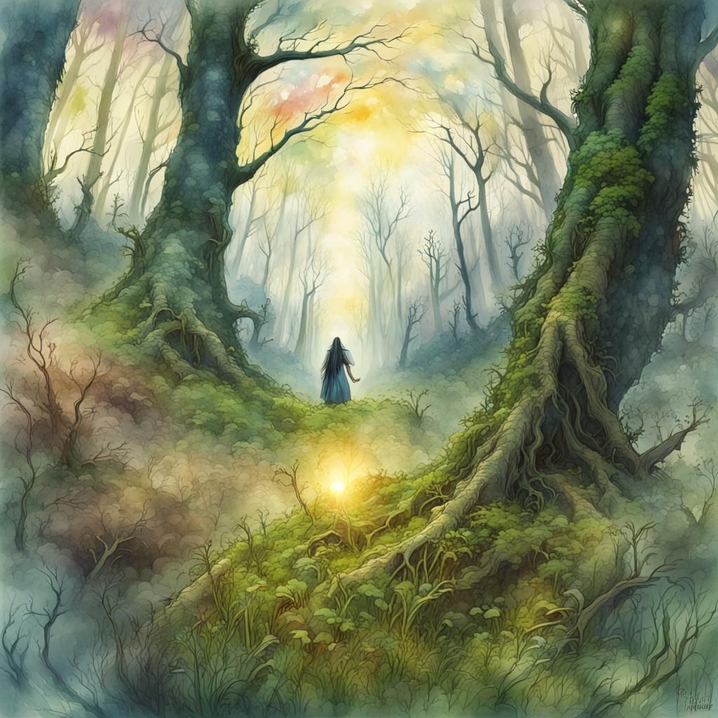 Forest Witch in Double Exposure Watercolor Illustration