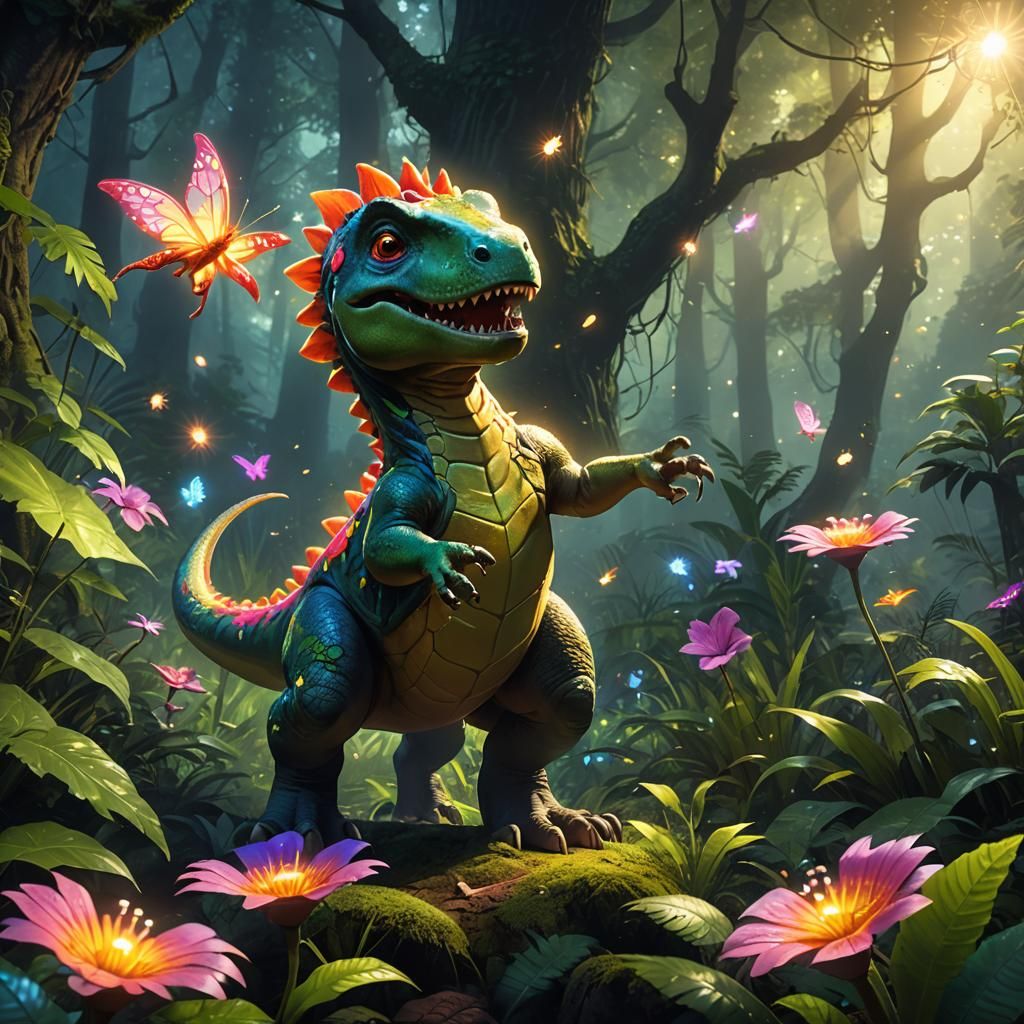 Cute Baby Dinosaur in Lush Forest