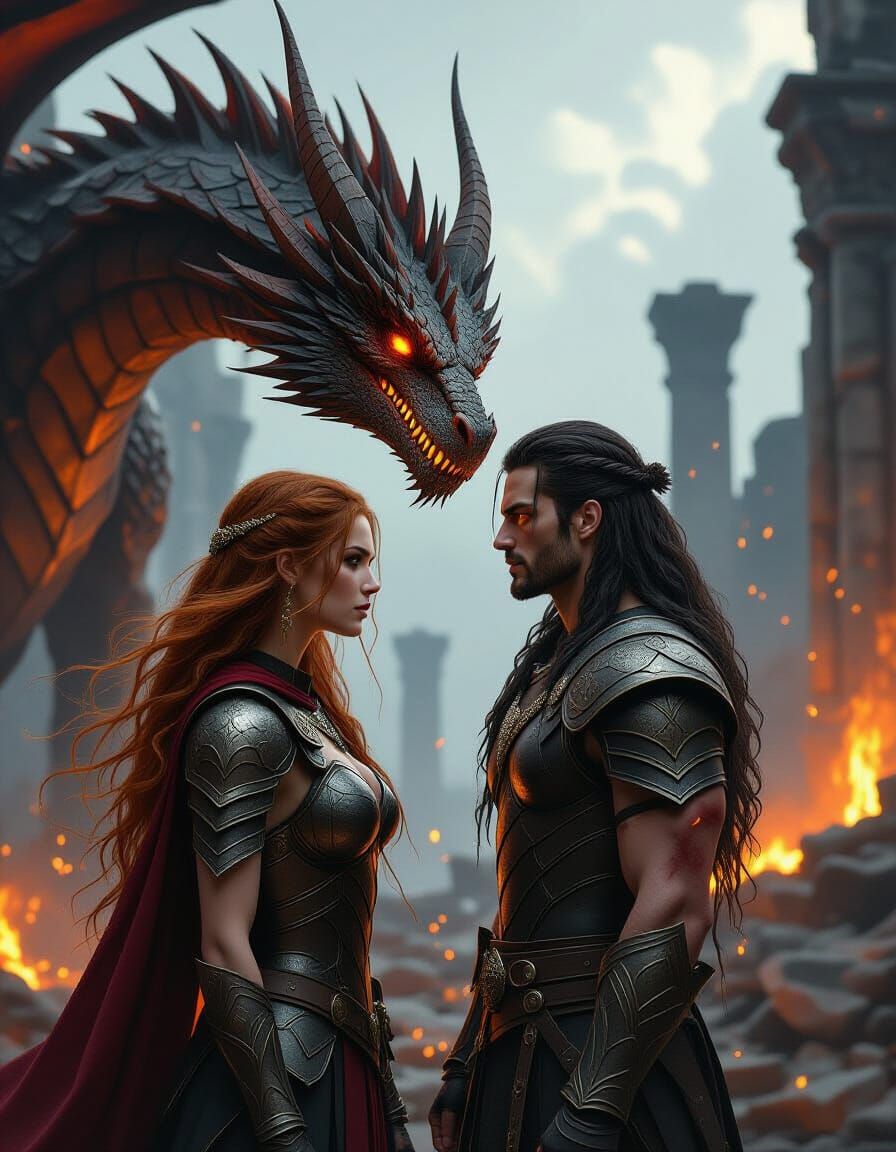 Warrior and Dragon Prince in Fiery Gothic Ruins