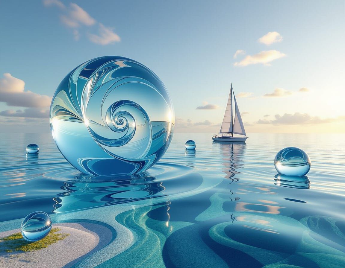 Crystal Glass-Scape Over Clear Sea with Swirling Planets