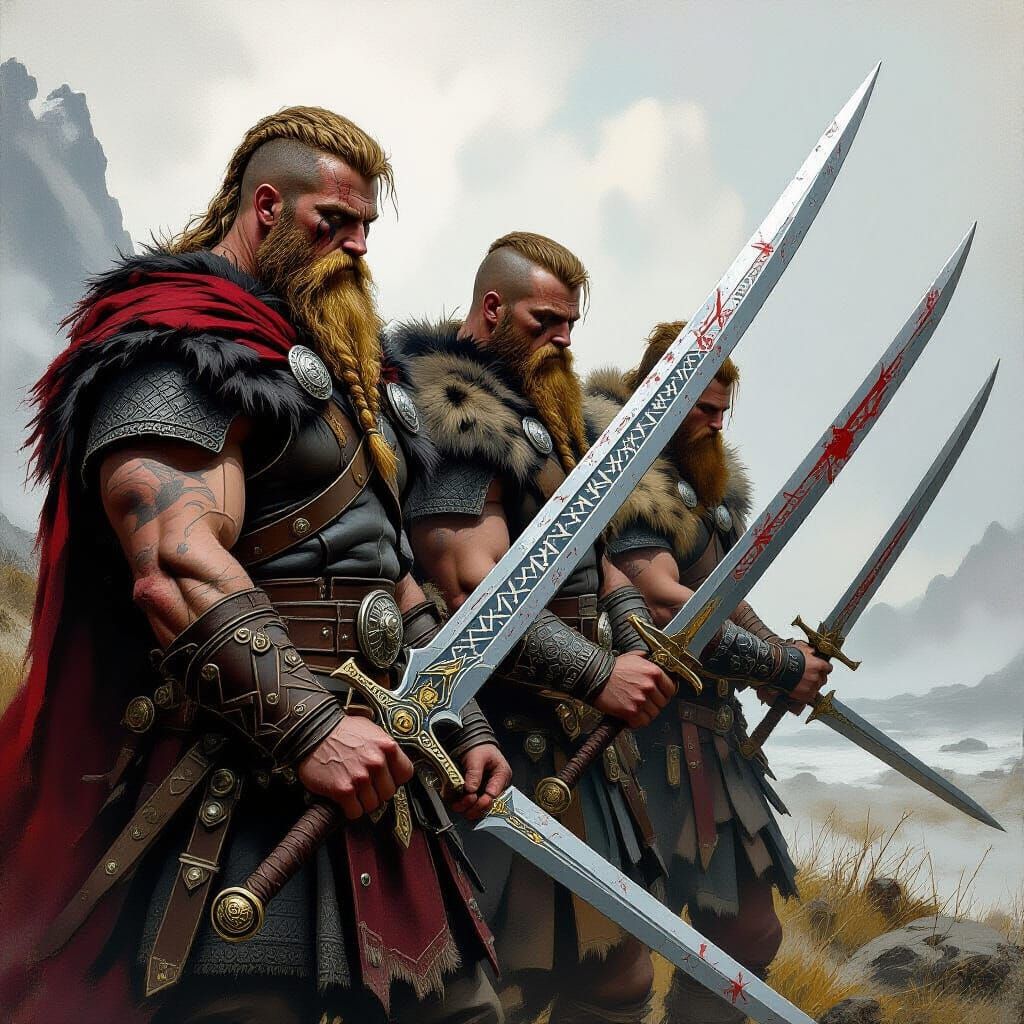 Viking Warriors with Nordic Swords in Fantasy Art Style