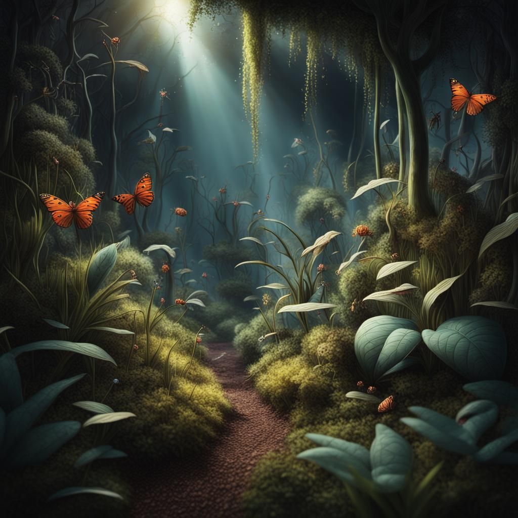 Lush Botanical Landscape with Dramatic Lighting