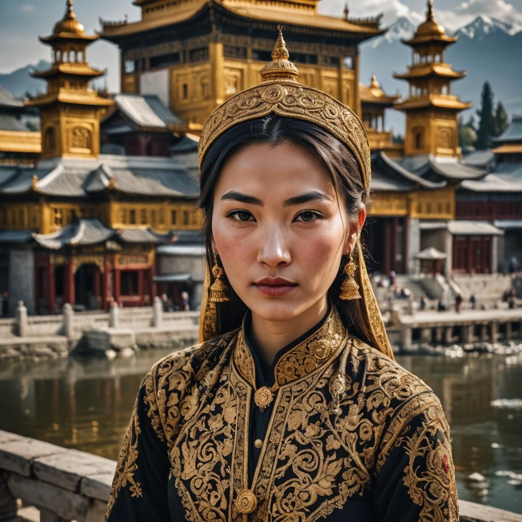 Uyghur Woman Portrait with Golden Temple Background