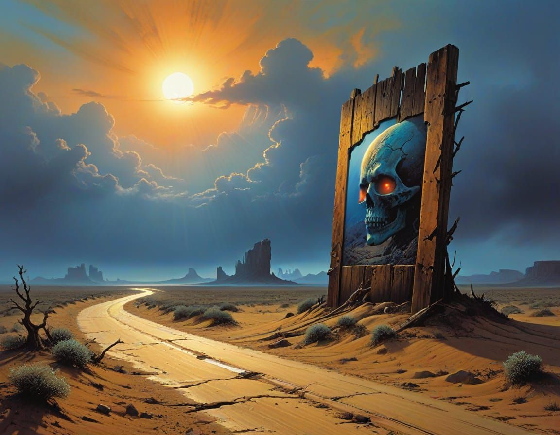 Dusty Desert Billboard Beckons in a Haunting Landscape