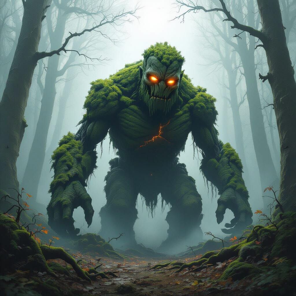 Mystical Stone Golem Emerges From Misty Forest