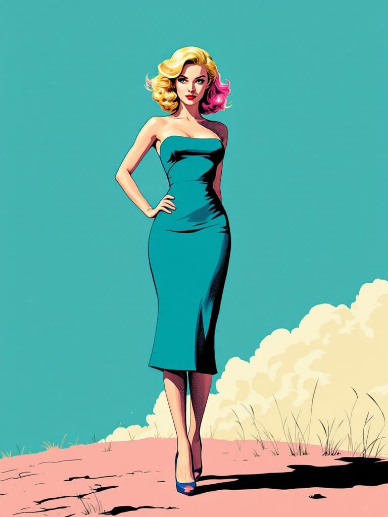 1950s Pin-Up Woman with Pink Tipped Hair in Bold Graphic Sty...