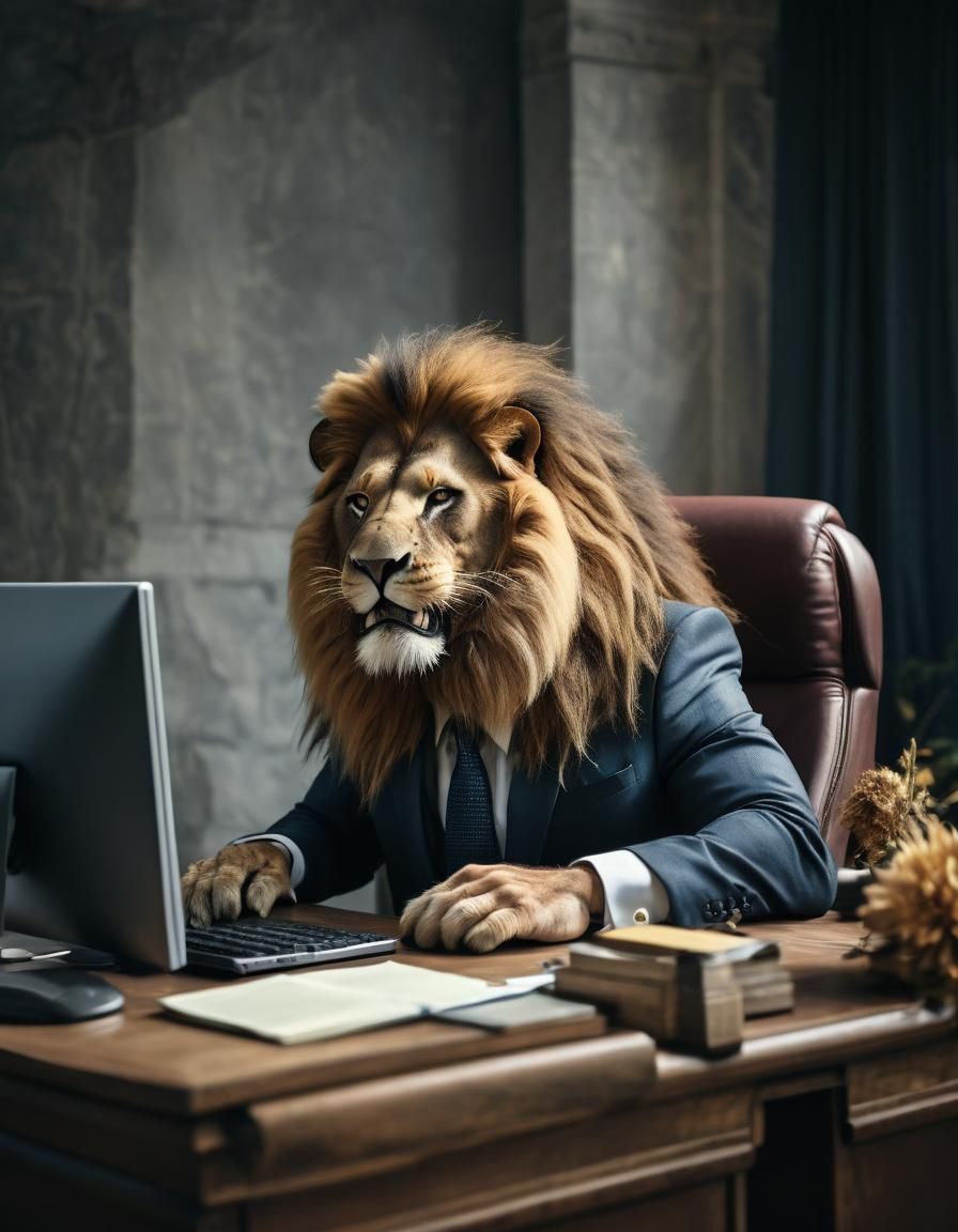 Lion in Suit Working at Computer