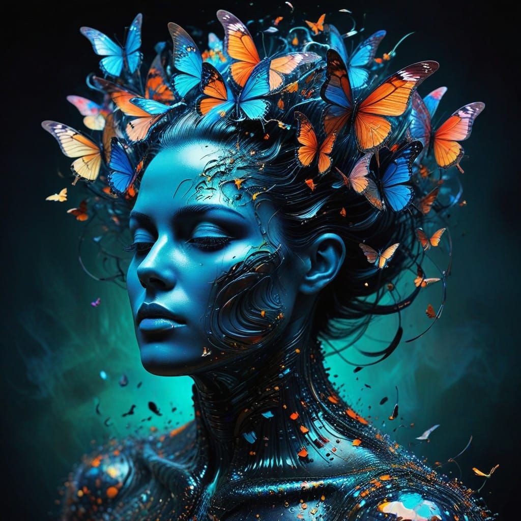 Surreal Merging of Human and Butterflies in Psychedelic Real...