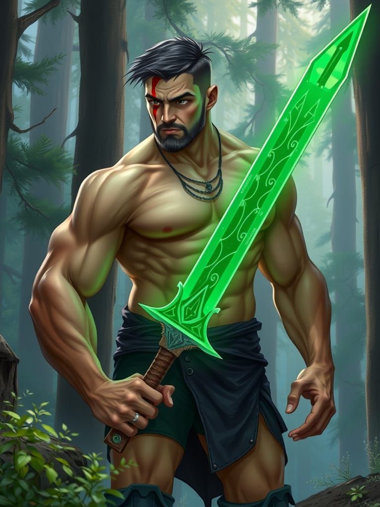 Tall Warrior Holds Glowing Sword in Fantasy Forest
