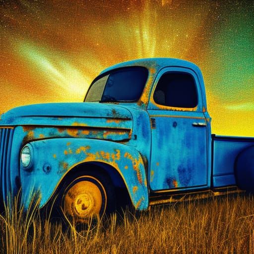 Stars Over Rusty Pickup Truck in Soft Focus