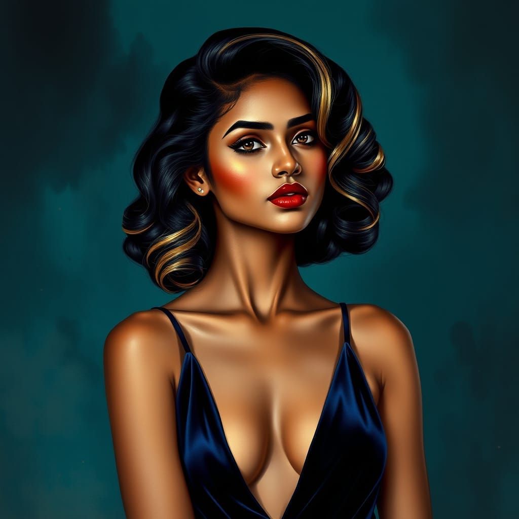 Elegant Indian Woman in Velvet Gown: Surreal Portrait