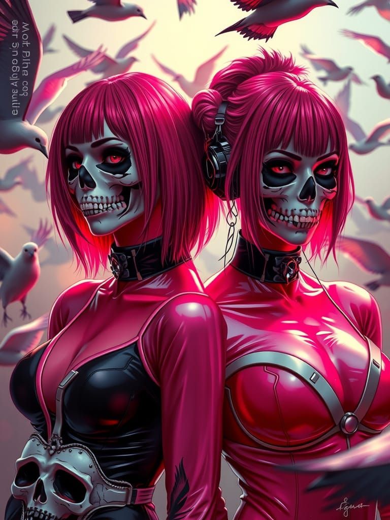 Cyberpunk Women with Birds in Kano Motonobu Style