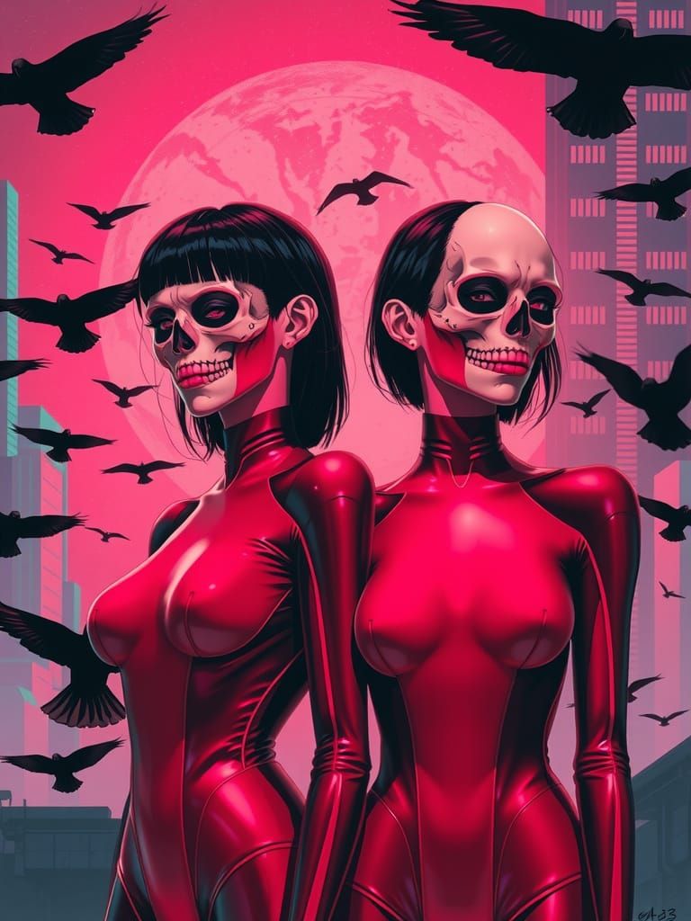 Neon Priestesses in Futuristic Cityscape, Kano Motonobu Styl...